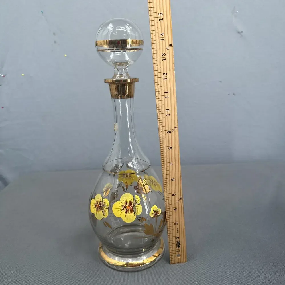 VTG Wine Decanter 15 Floral Hand Painted Romanian Crystal Gold Yellow MCM Carafe